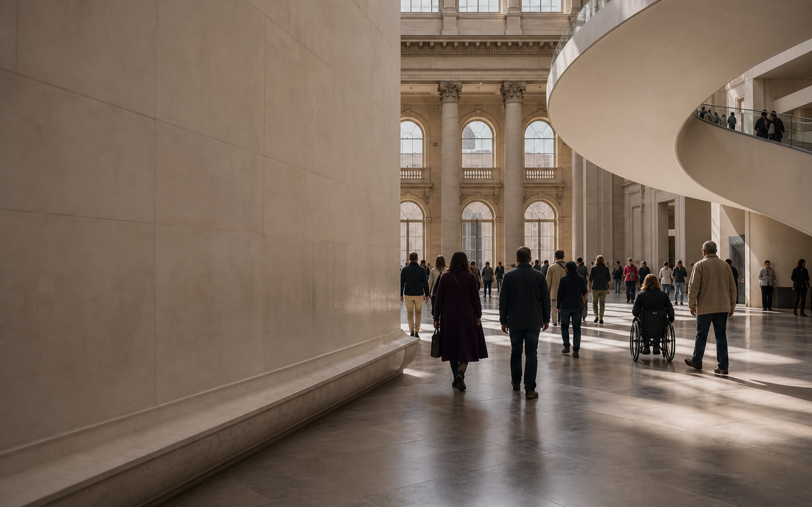 People crossing a large museum hall; one person uses a wheelchair.