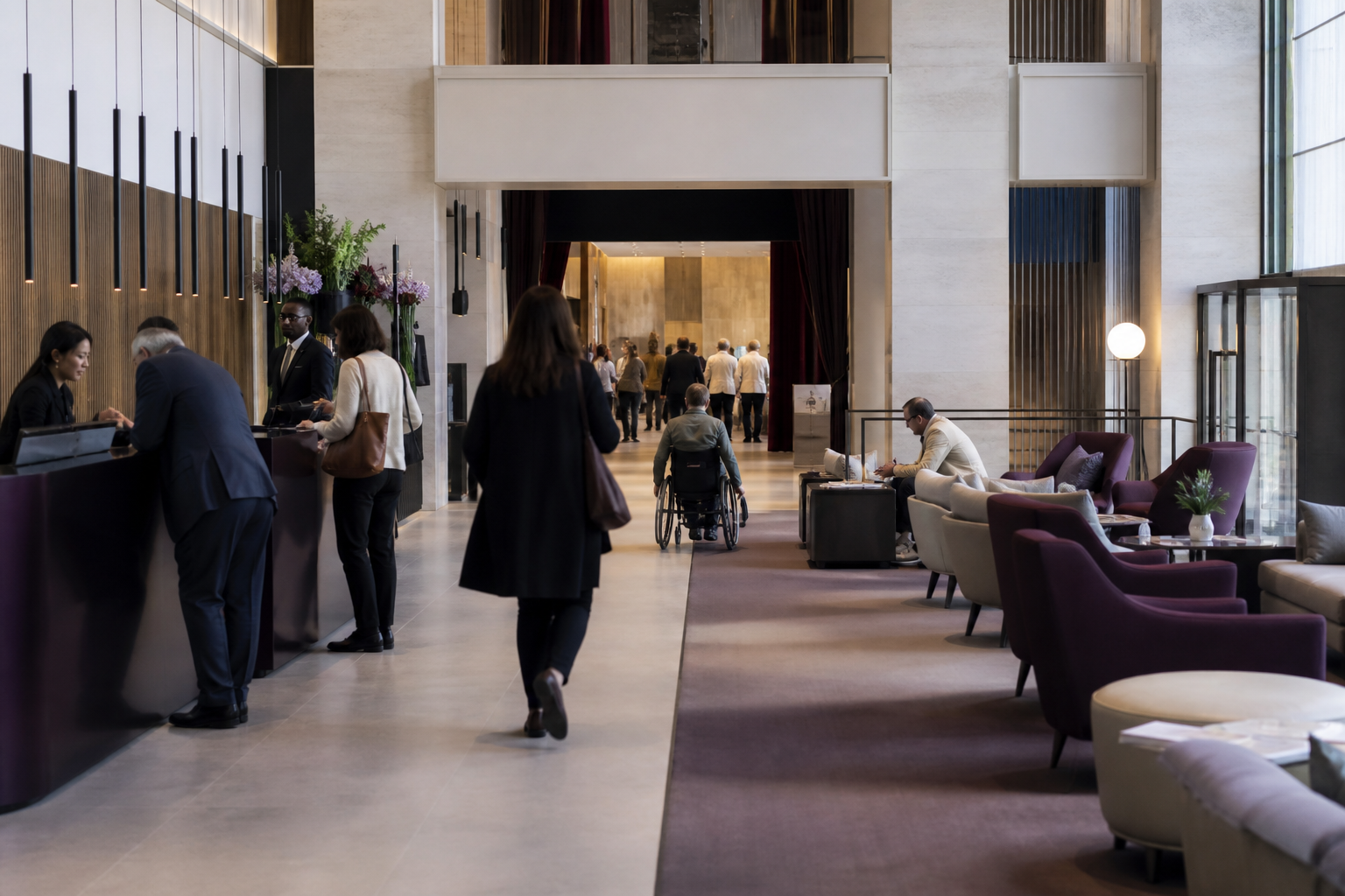 Guests crossing a modern hotel lobby; one person uses a wheelchair.