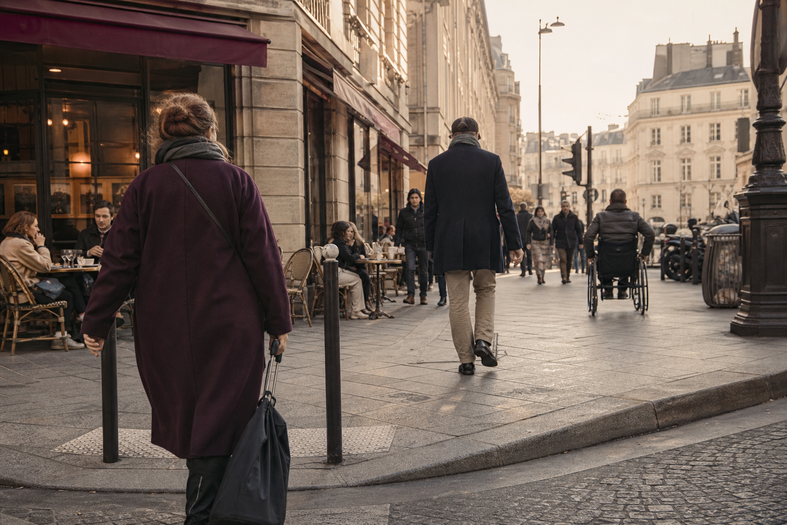 People walking along a Paris pavement beside café tables; one person uses a wheelchair.